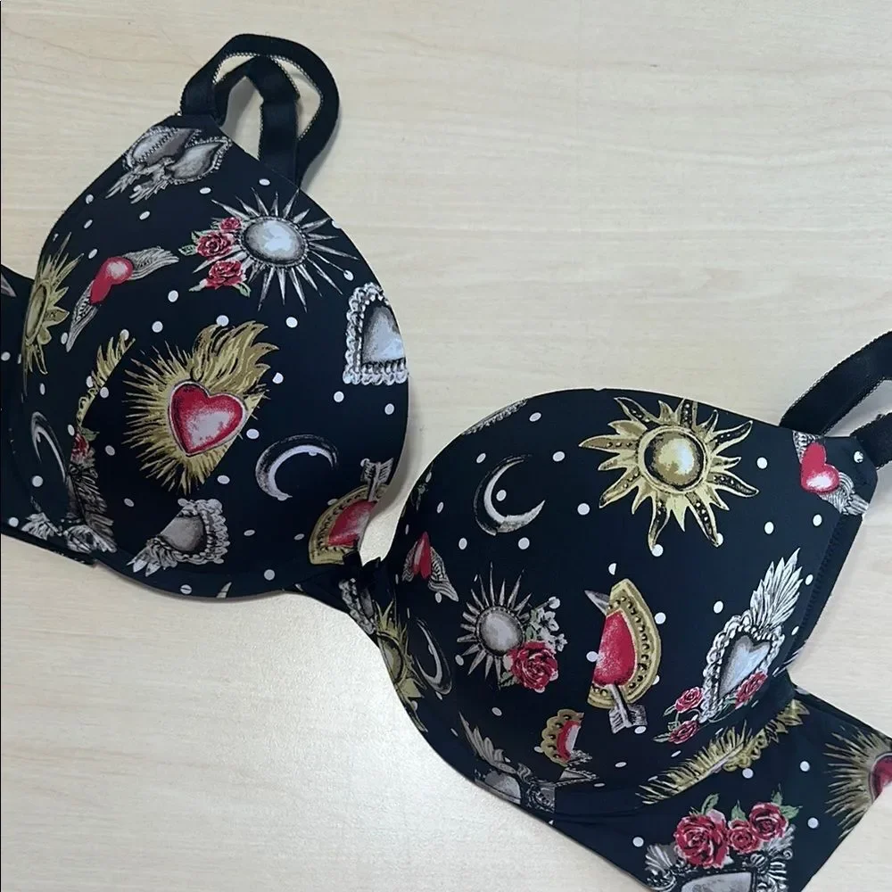 Torrid Curve Plunge Bra Black Celestial Print Plus Size 40D Push Up |‎ G-1617